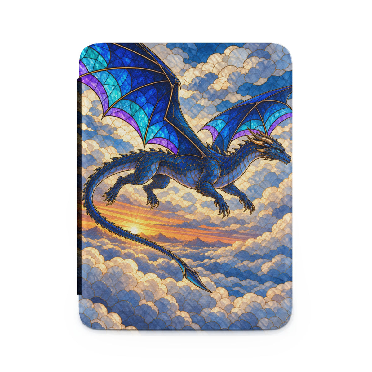Blue dragon with stained-glass wings flies through clouds at sunset.
