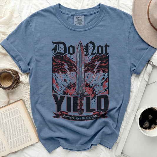 Blue t-shirt with graphic "Do Not Yield" and a sword.