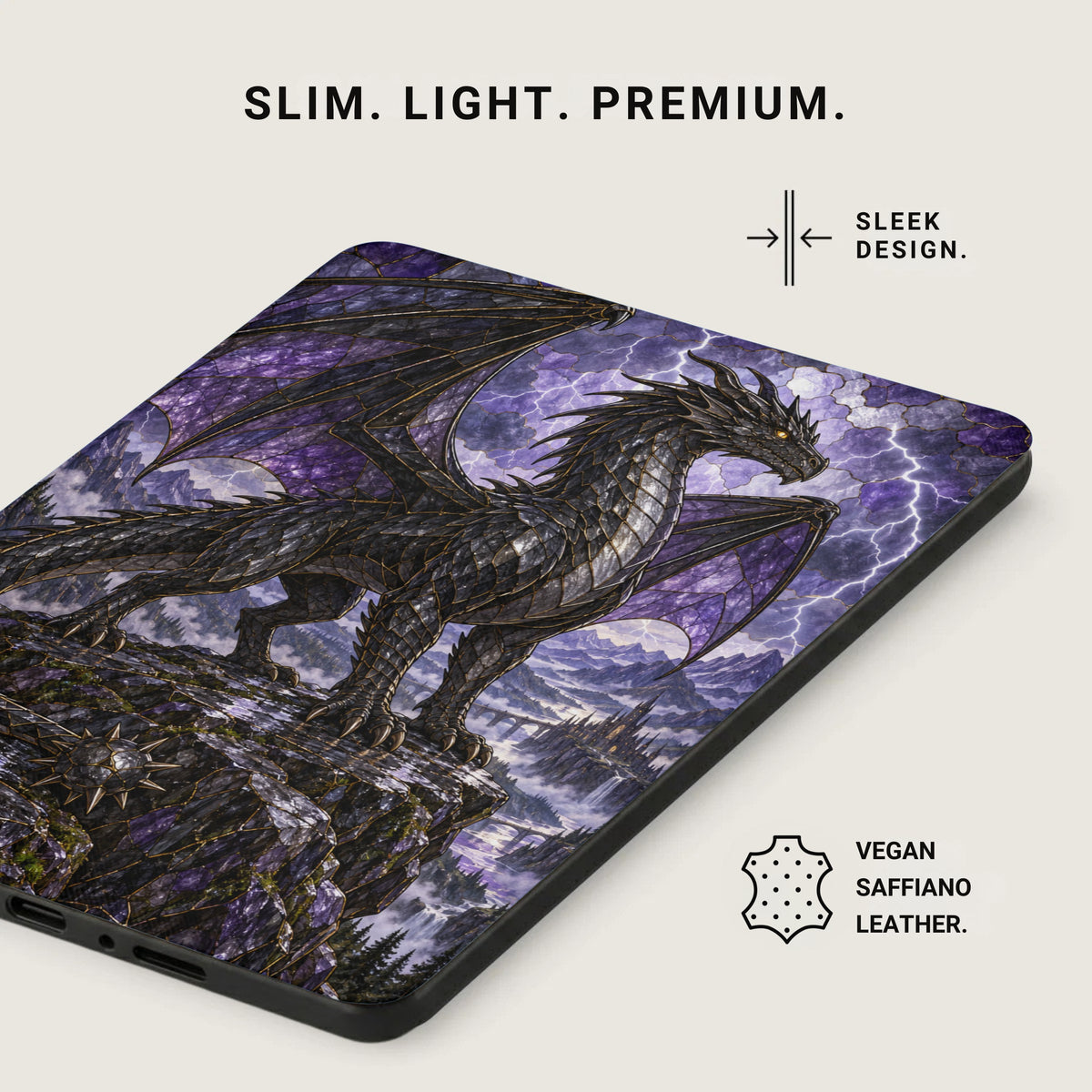 Black dragon on rocky perch overlooking castle and lightning storm, vegan saffiano leather.