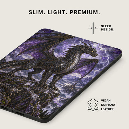Black dragon on rocky perch overlooking castle and lightning storm, vegan saffiano leather.