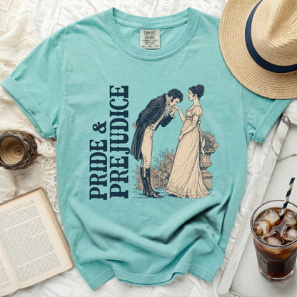 T-shirt with "Pride & Prejudice" text and illustration of a couple.