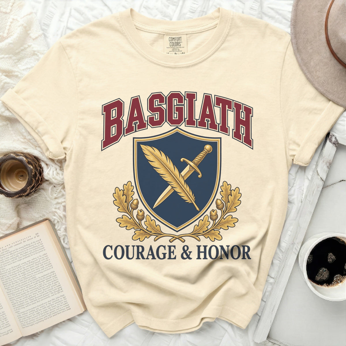 Basgiath shirt with shield, sword, feather, and oak branches, Courage & Honor text.