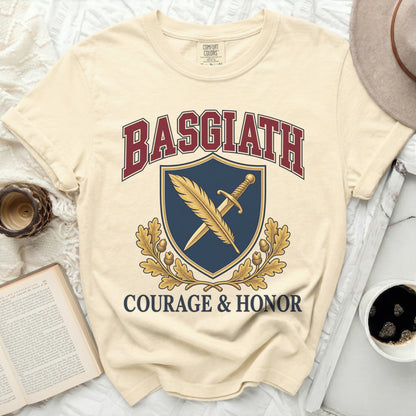 Basgiath shirt with shield, sword, feather, and oak branches, Courage & Honor text.