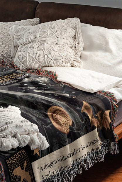 a cozy and inviting bedroom scene, with a bed adorned with a black and white dragon-themed blanket and a white pillow. The blanket has a dragon design and a quote that reads, "A dragon without a dragon is dead."