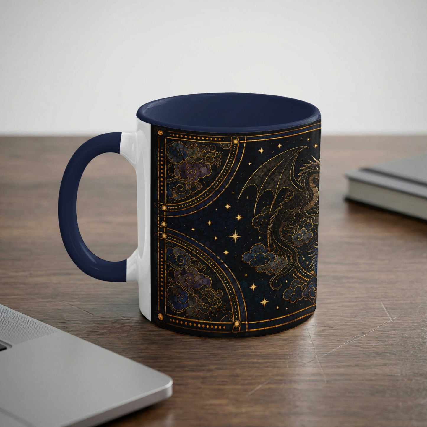 Dark blue mug with gold dragon on starry night celestial design.