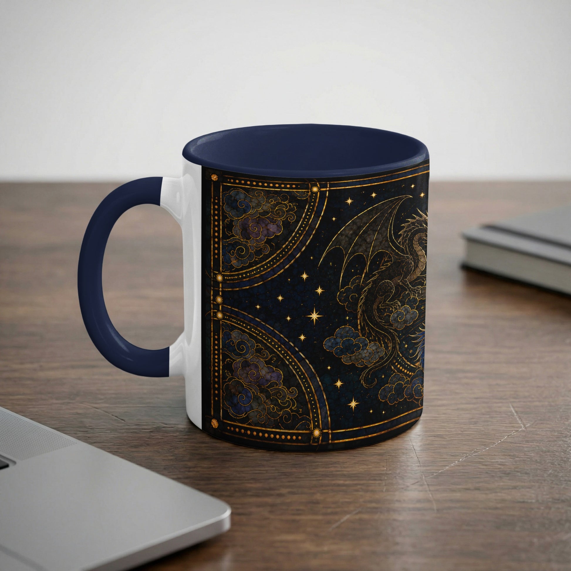 Dark blue mug with gold dragon on starry night celestial design.