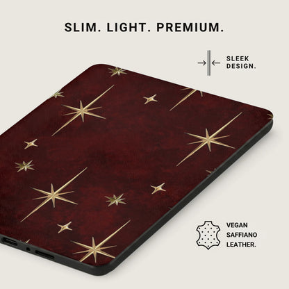 Red case with gold star pattern, text "Slim. Light. Premium." and "Vegan Saffiano Leather."
