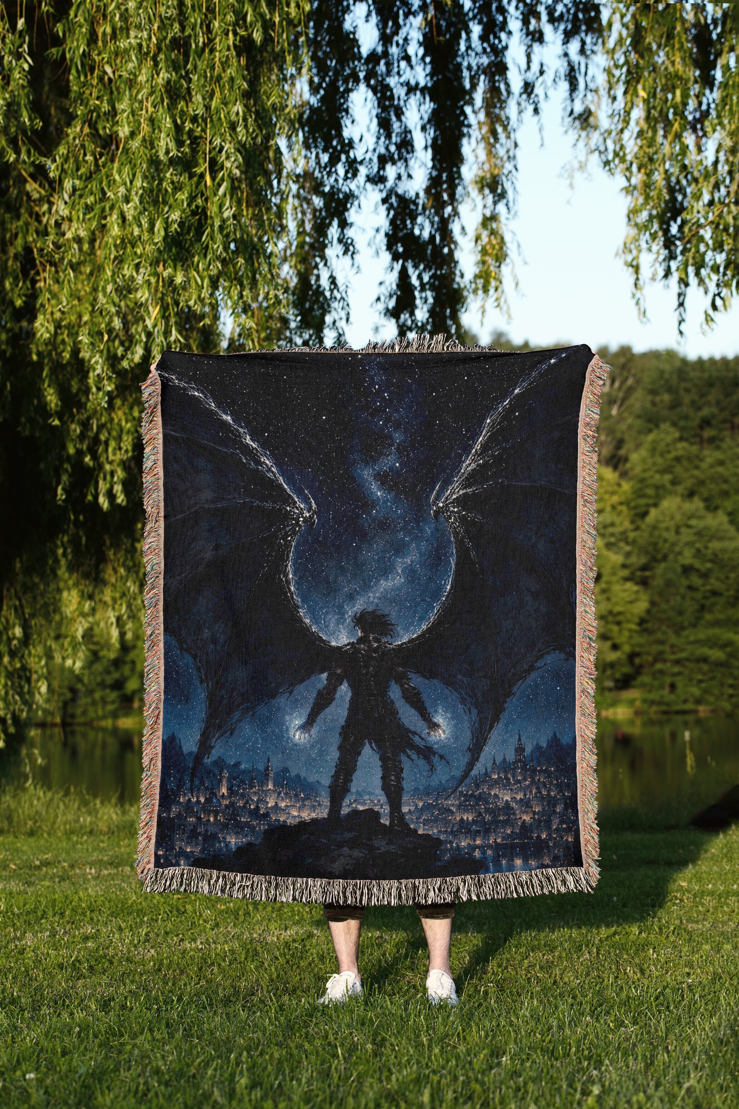 A person is standing in a grassy area, holding a large square blanket with a painting of a winged figure against a night sky background.