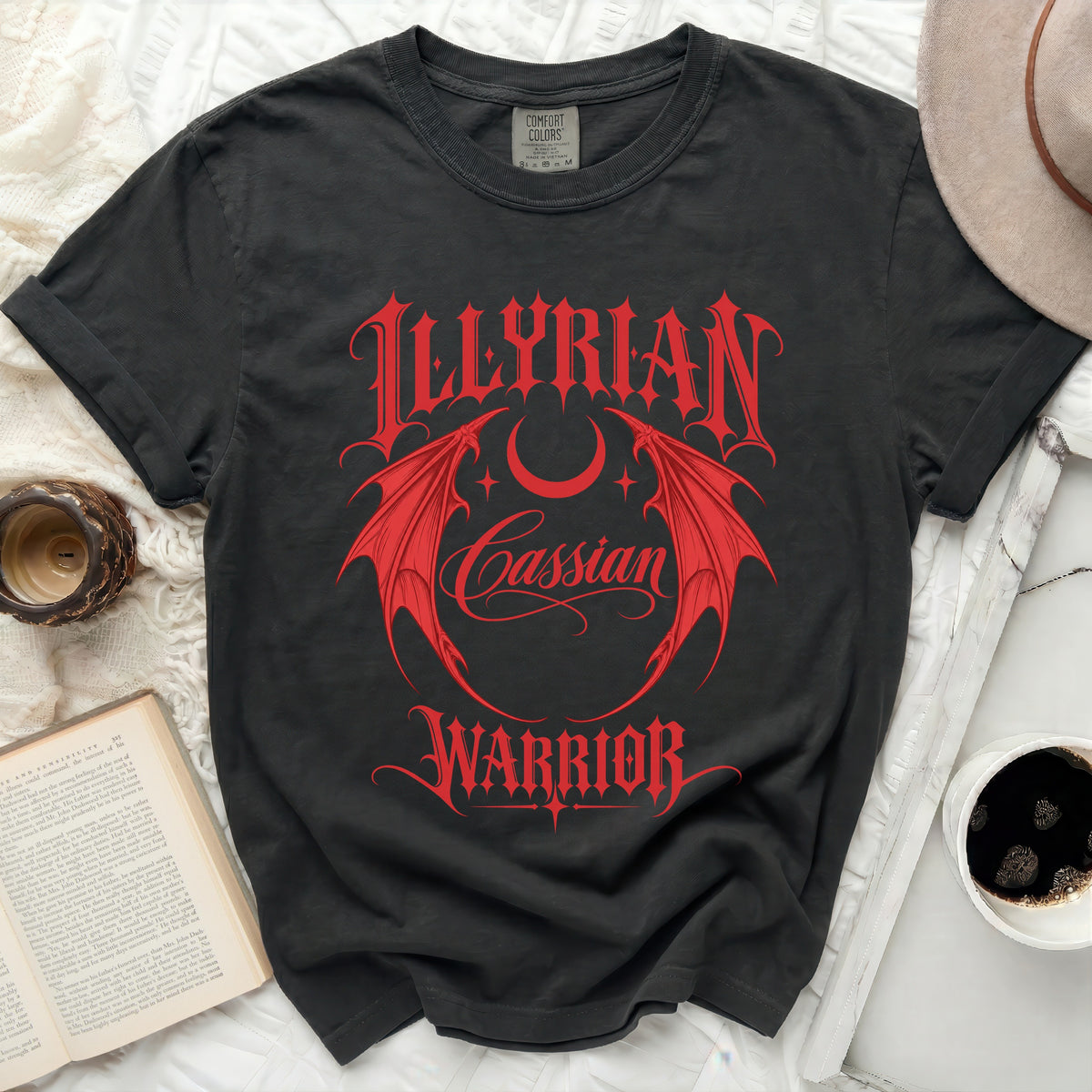 Black t-shirt with red "ILLYRIAN Cassian WARRIOR" text and dragon wings.