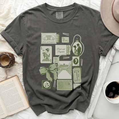 Gray Comfort Colors t-shirt with Pride and Prejudice themed graphic design.