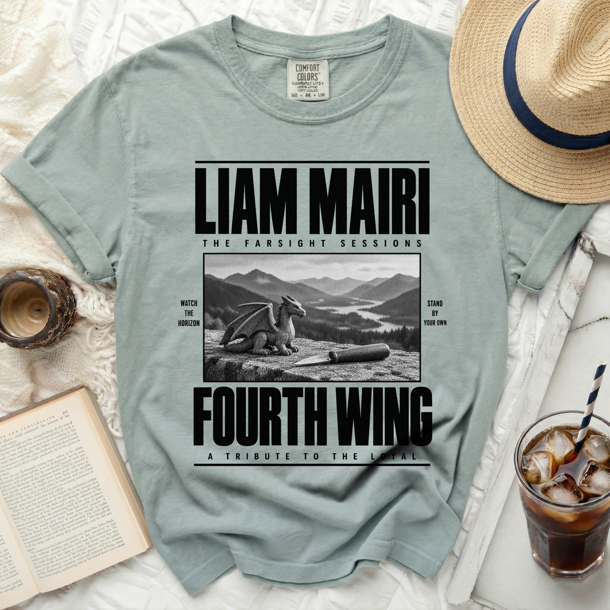 T-shirt with "Liam Mairi The Farsight Sessions Fourth Wing" text and dragon graphic.