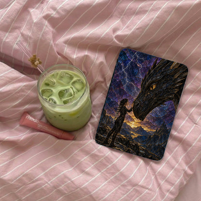 Phone case featuring a woman touching a dragon's head against a stormy, mountainous landscape.