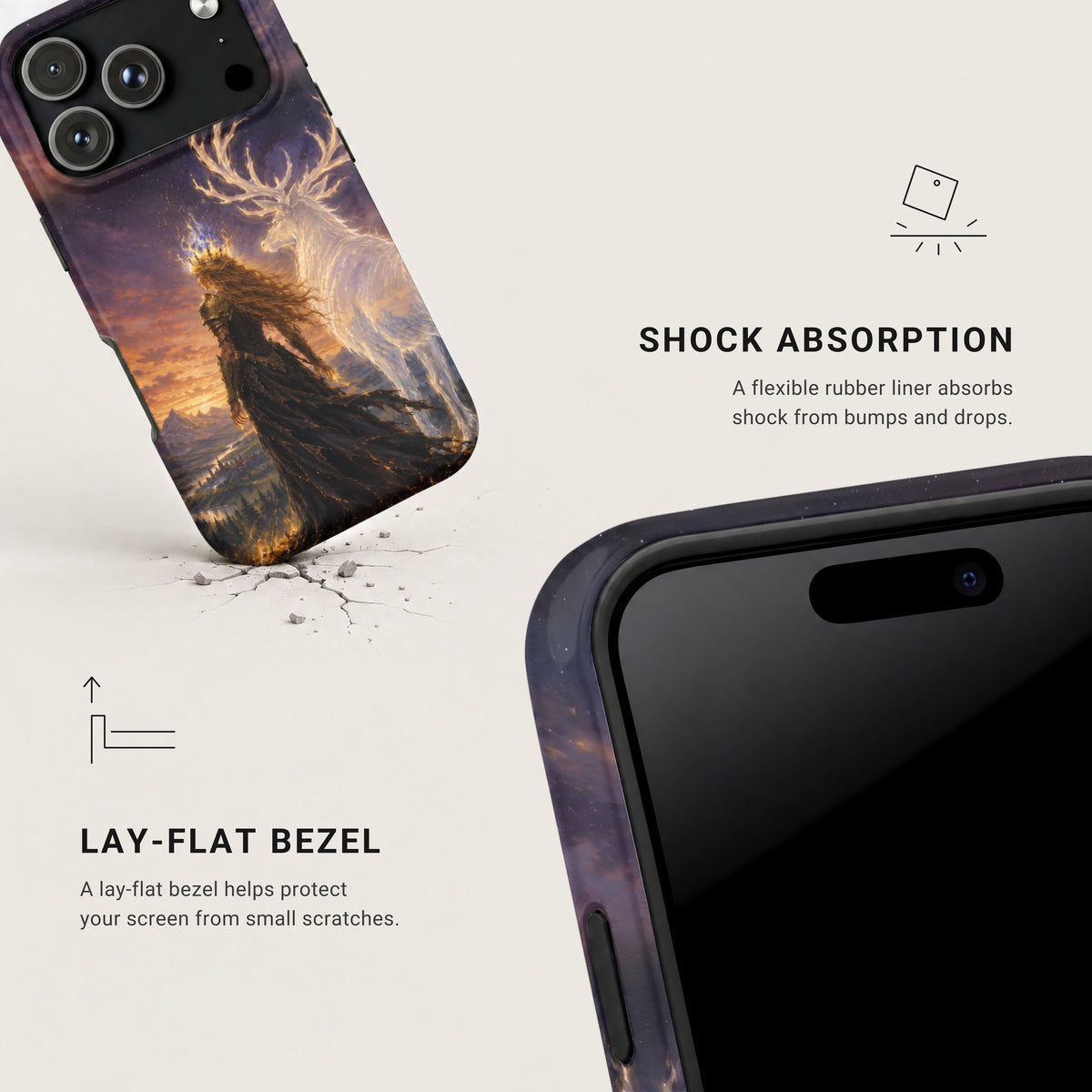 An illustrated smartphone case featuring a fantasy queen and a glowing stag, highlighting protective features.