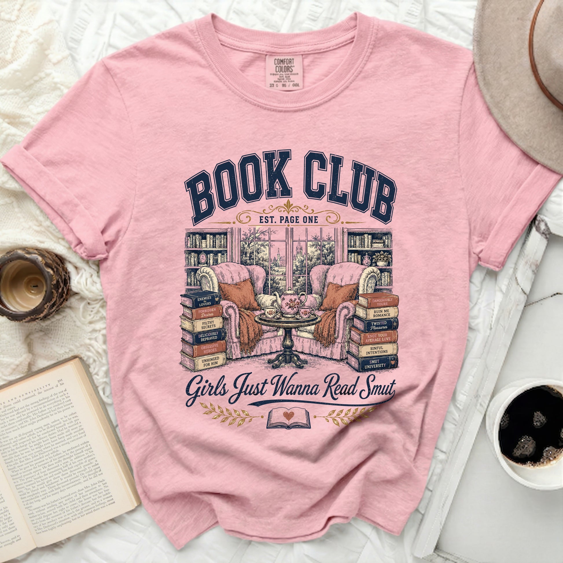 Pink t-shirt with "Book Club" and "Girls Just Wanna Read Smut" text.