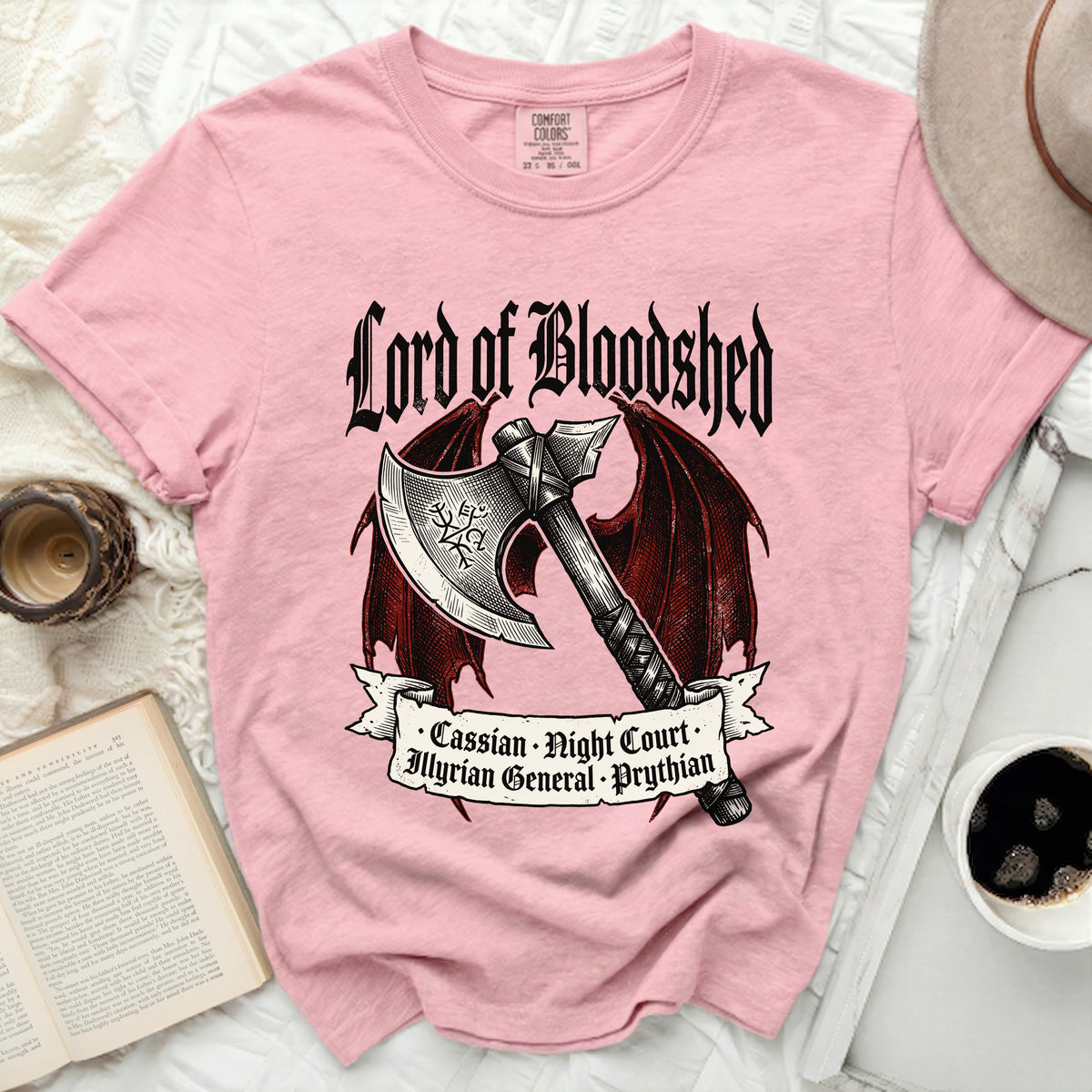 Pink t-shirt with "Lord of Bloodshed" and axe graphic.