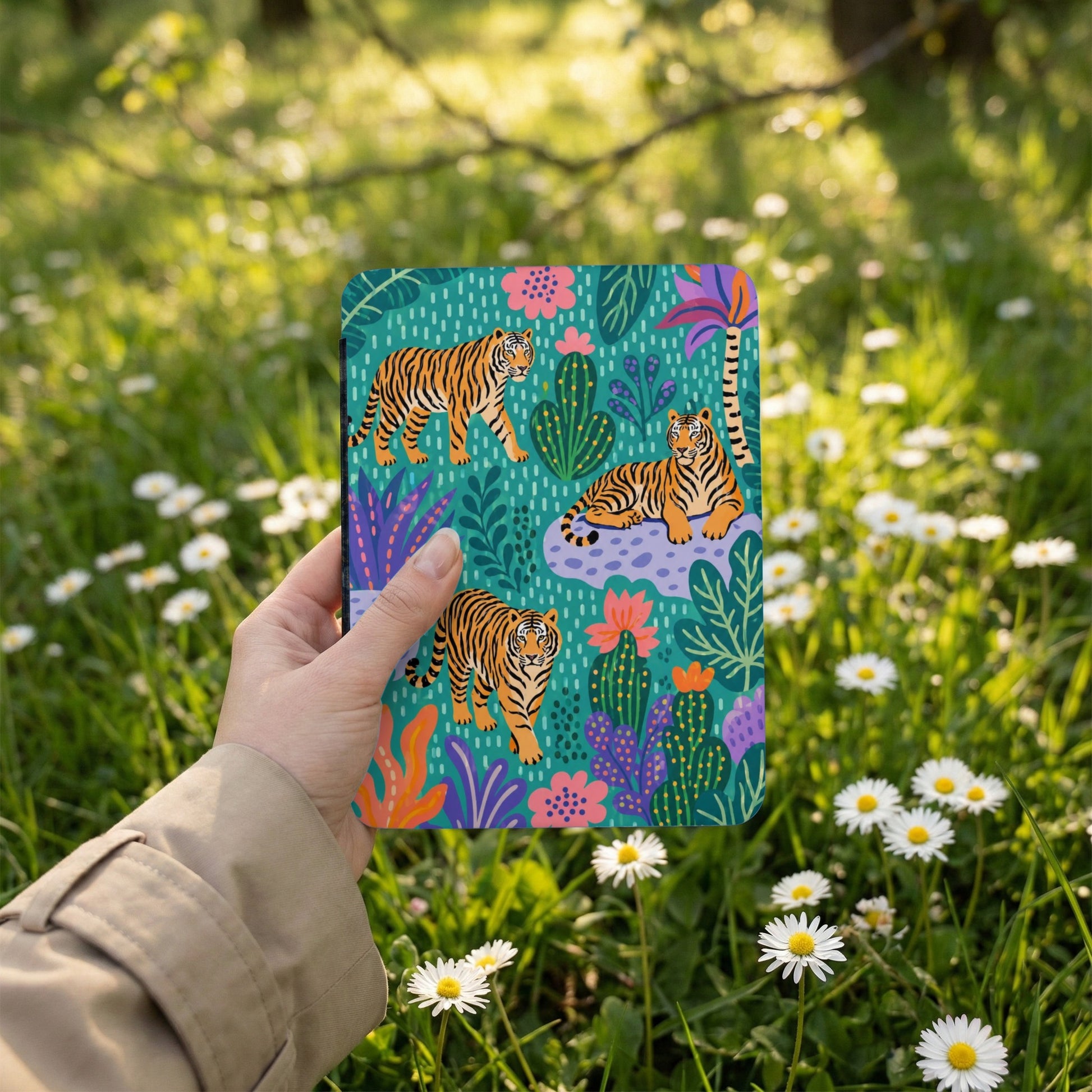 Notebook with a teal tropical jungle scene featuring three tigers, cacti, and palm leaves.