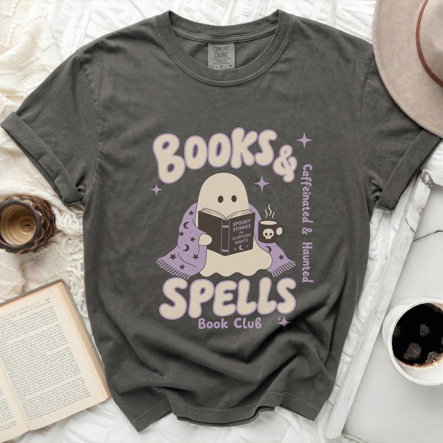 Ghost reading "Spooky Stories for Sleepless Nights" with coffee and text.