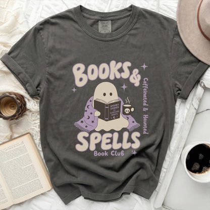 Ghost reading "Spooky Stories for Sleepless Nights" with coffee and text.