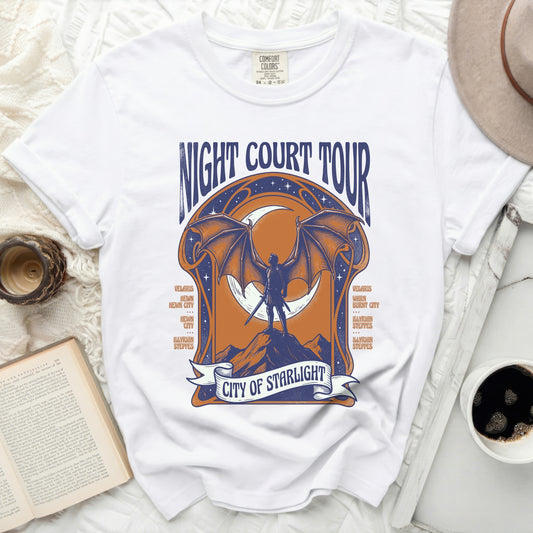 White t-shirt with "Night Court Tour City of Starlight" graphic.