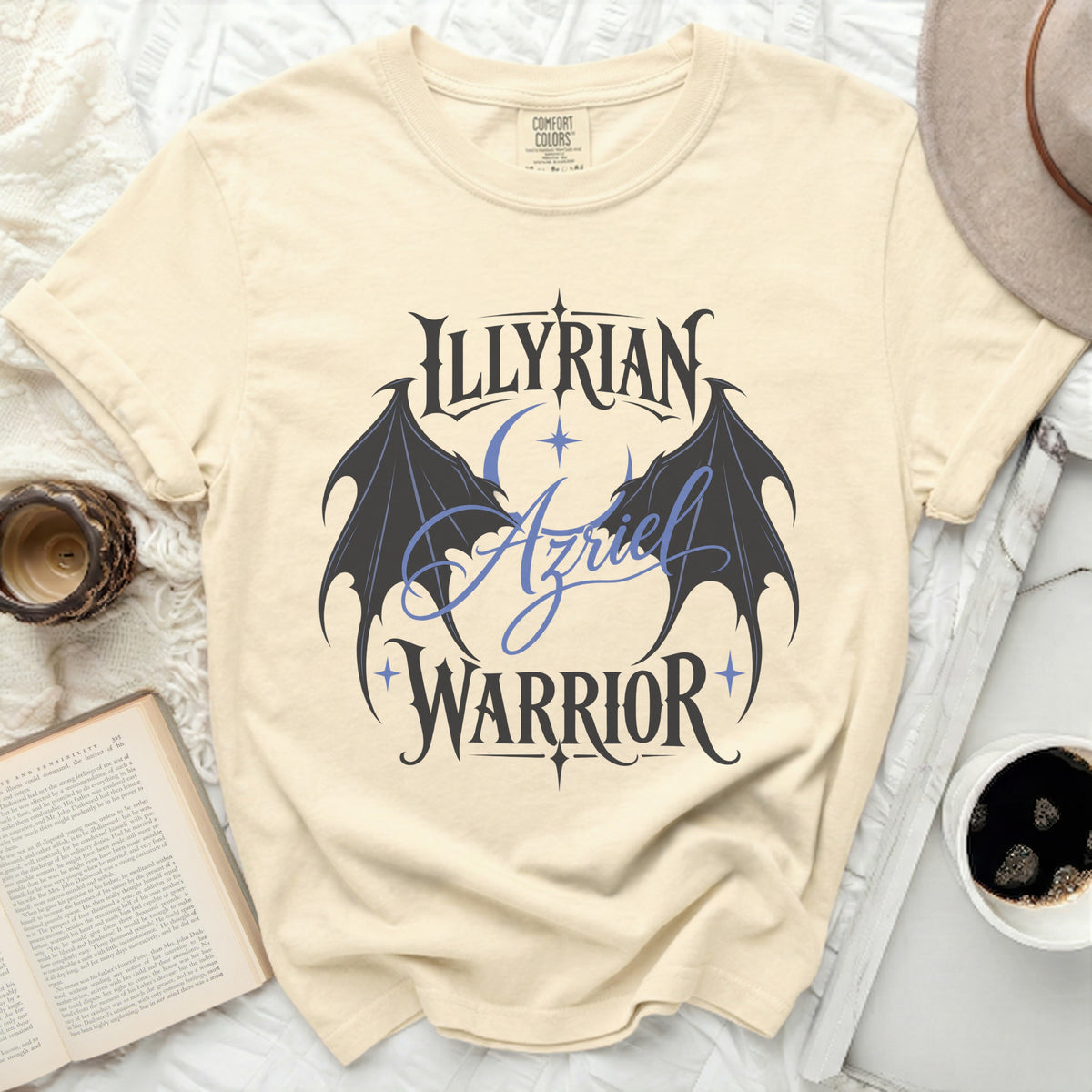 Illirian Azriel Warrior graphic tee on a cream shirt