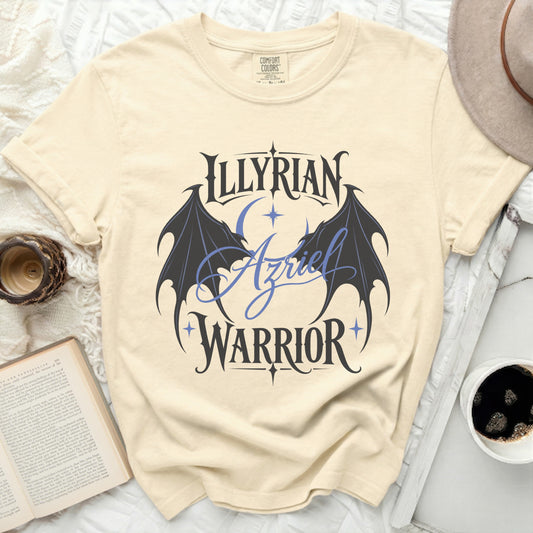 Illirian Azriel Warrior graphic tee on a cream shirt