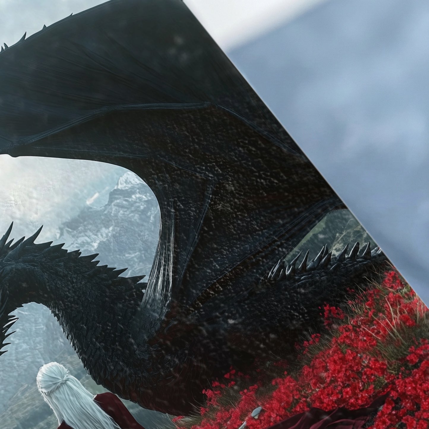 Black Dragon Fantasy Scene White Hair Red Flowers product type