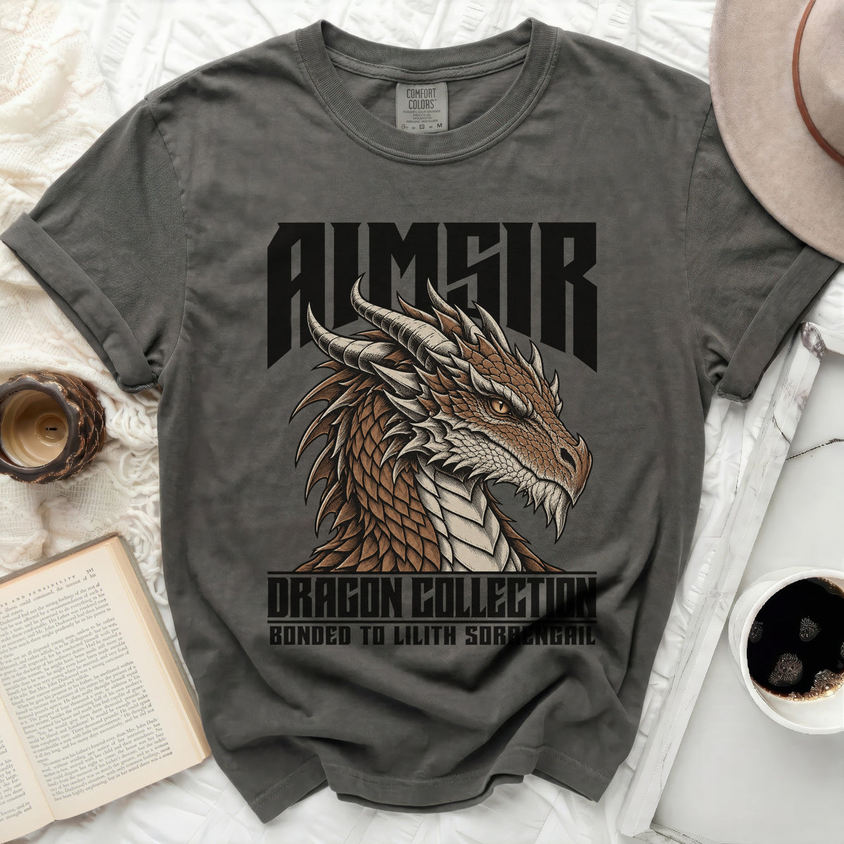 Charcoal Comfort Colors t-shirt with a dragon graphic and text: AIMSIR DRAGON COLLECTION BONDED TO LILITH SORAENGAIL.