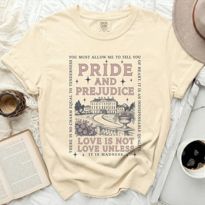 Cream Comfort Colors t-shirt with "Pride and Prejudice" and architectural illustration.