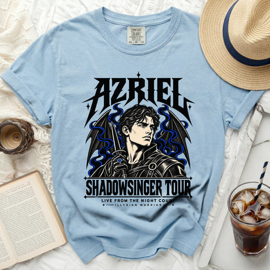Light blue t-shirt with "Azriel Shadowsinger Tour" graphic and Illyrian Warrior text.