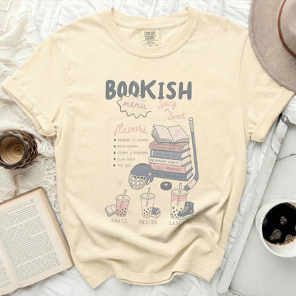 Cream t-shirt with "Bookish Menu" and spicy/sweet romance tropes.