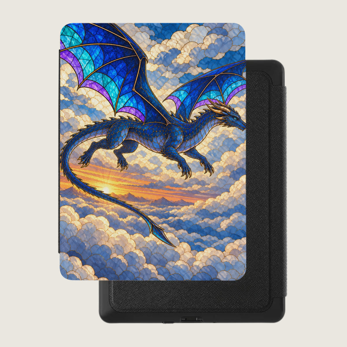 Blue stained-glass dragon flying through clouds at sunset on an e-reader cover.