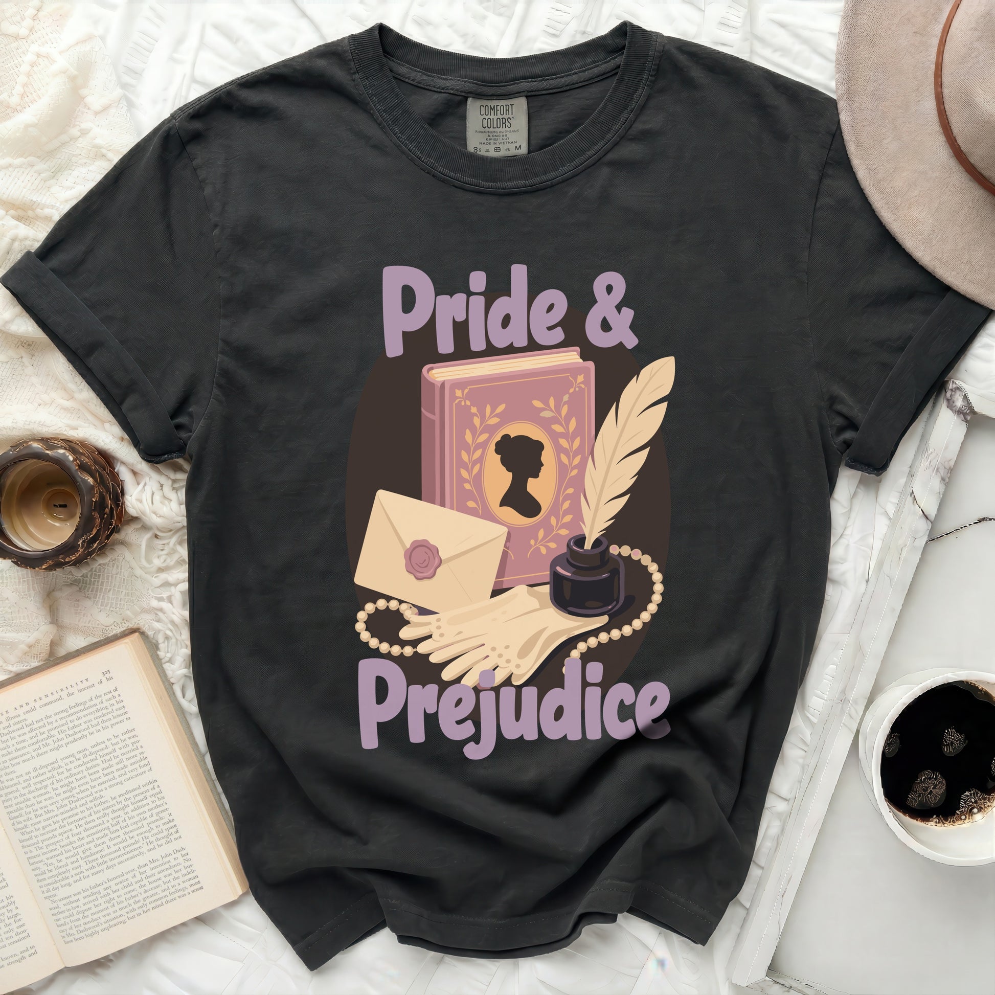 Dark gray t-shirt with "Pride & Prejudice" title and literary illustration.