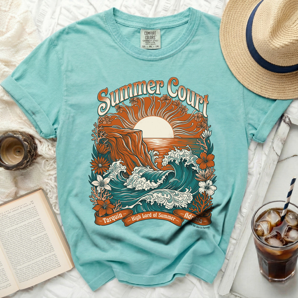 Teal t-shirt with "Summer Court" and a seaside graphic.