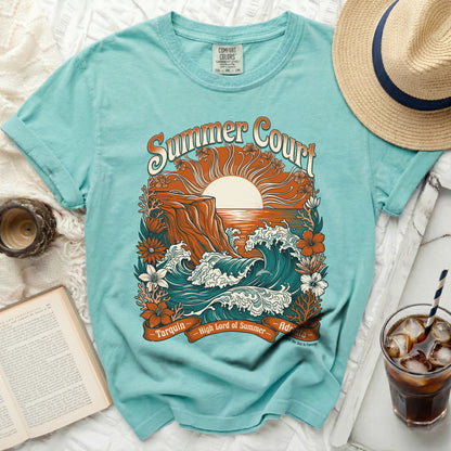 Teal t-shirt with "Summer Court" and a seaside graphic.