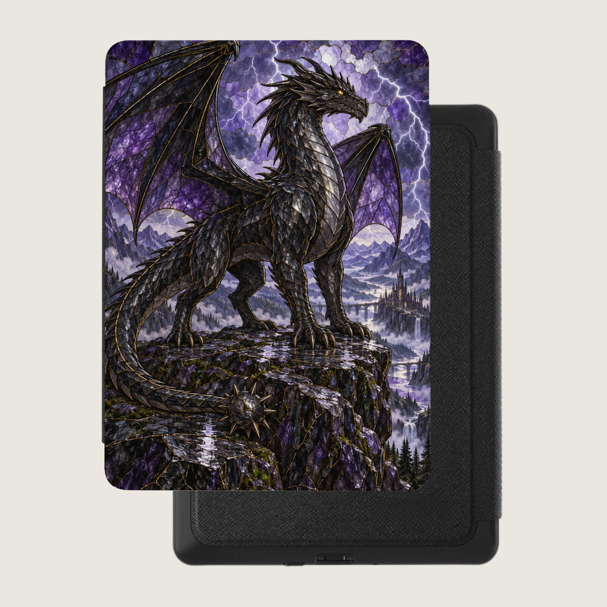 Black dragon with purple wings on rocky cliff overlooks a fantasy castle with waterfalls.