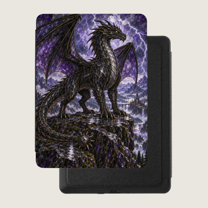 Black dragon with purple wings on rocky cliff overlooks a fantasy castle with waterfalls.