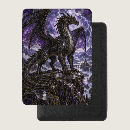 Black dragon with purple wings on rocky cliff overlooks a fantasy castle with waterfalls.
