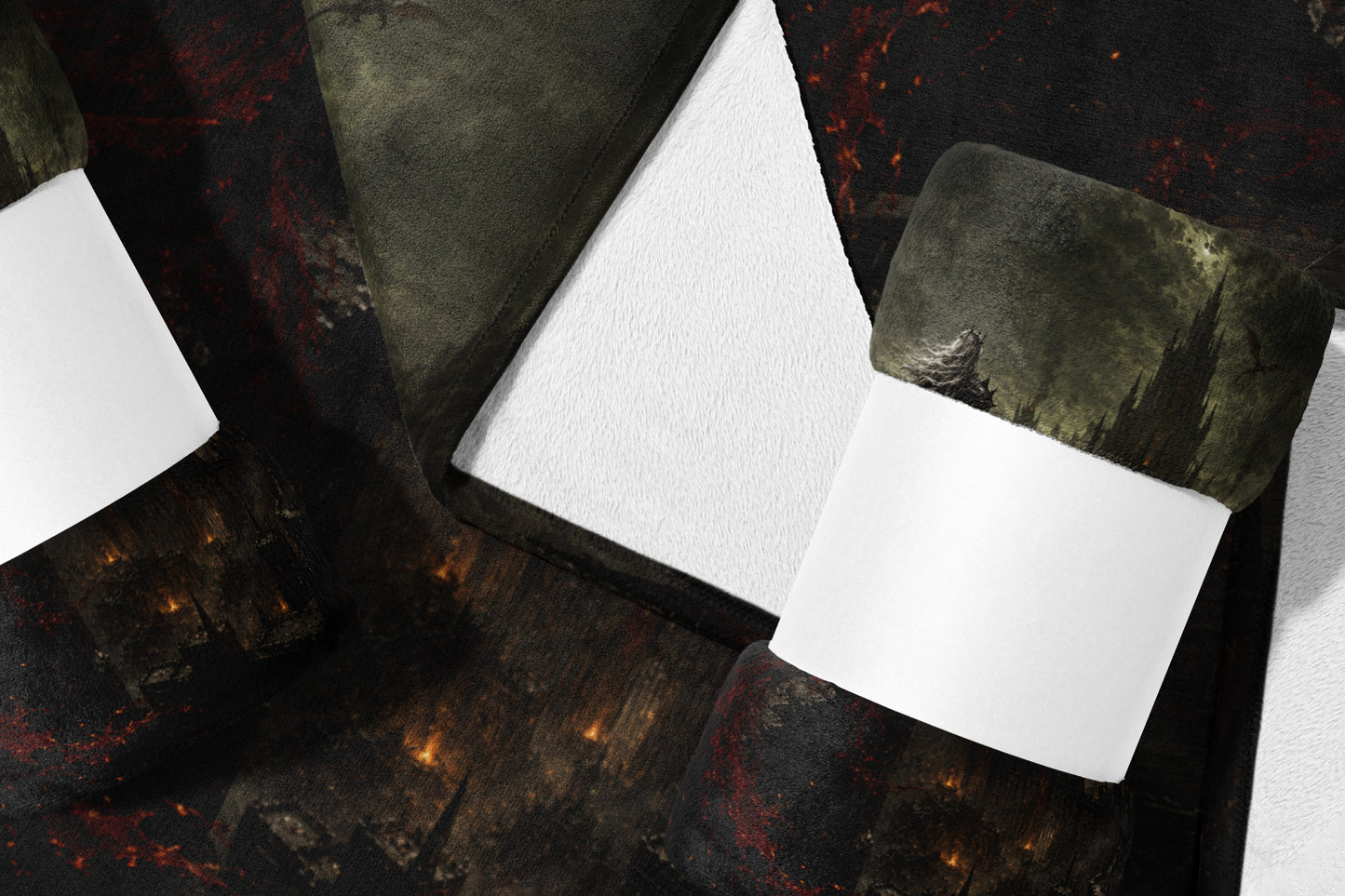 Dark fantasy landscape with a castle and fiery elements, folded over a white surface.