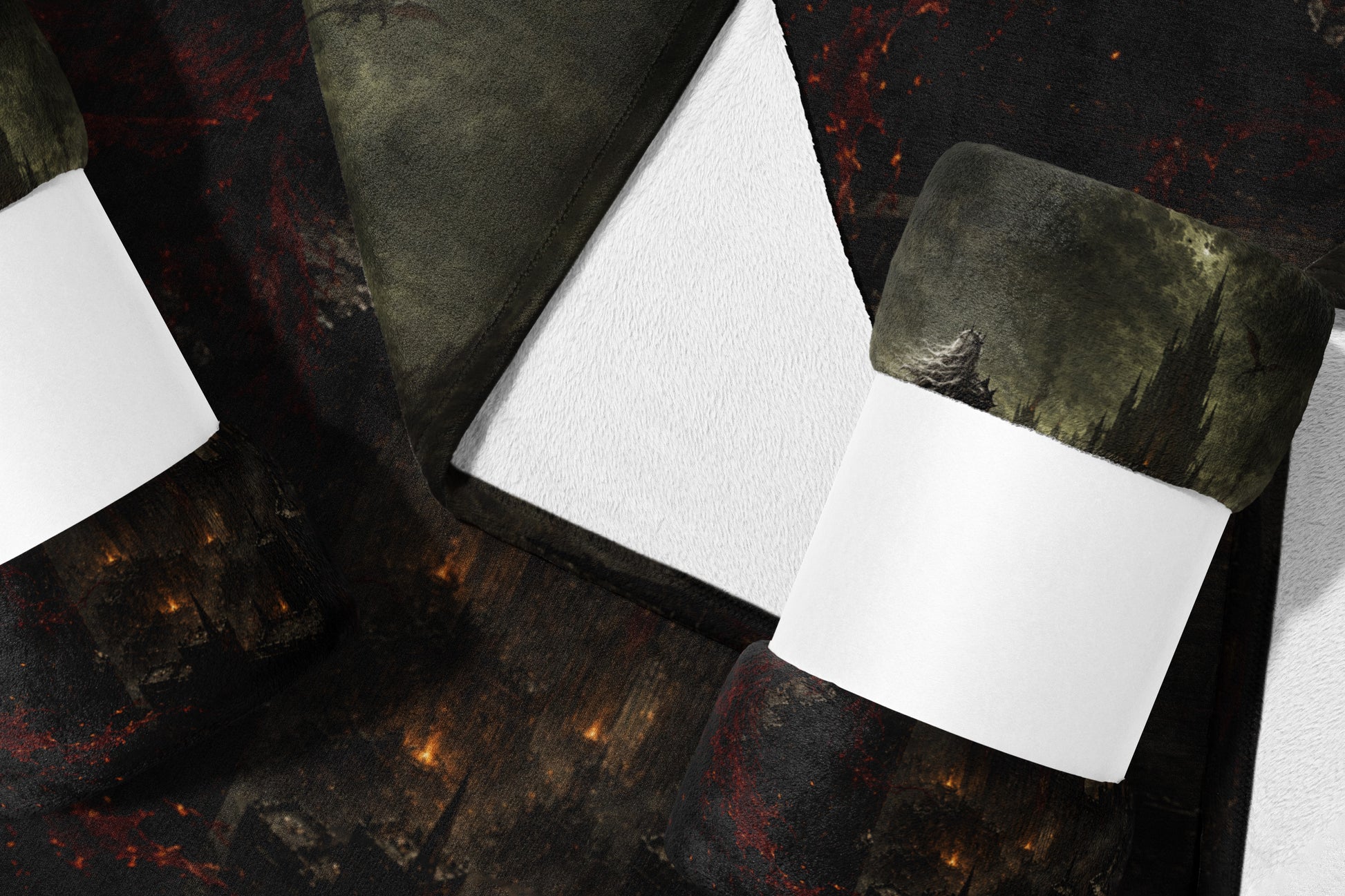 Dark fantasy landscape with a castle and fiery elements, folded over a white surface.