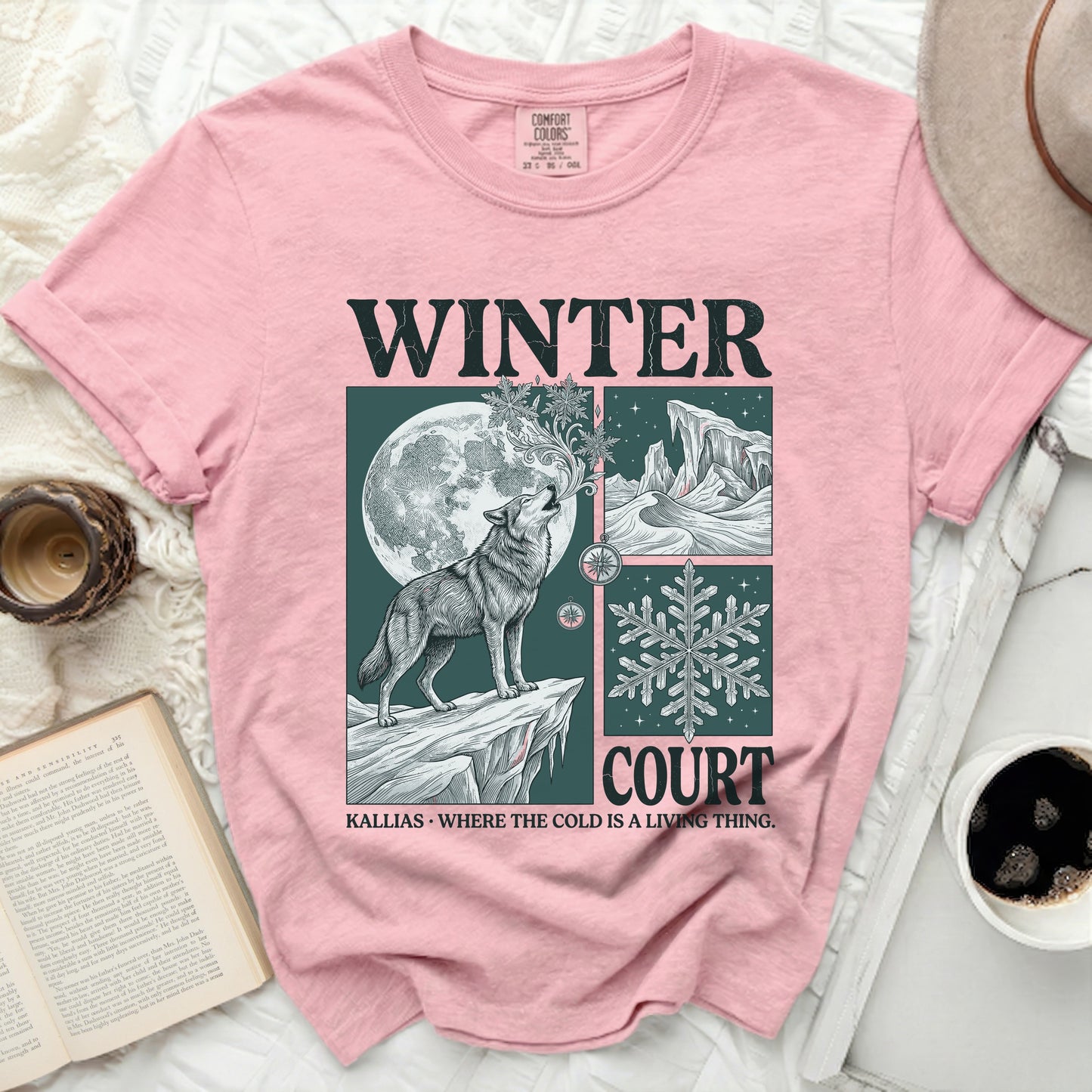 Pink t-shirt with "WINTER COURT KALLIAS - WHERE THE COLD IS A LIVING THING" text and wolf illustration.