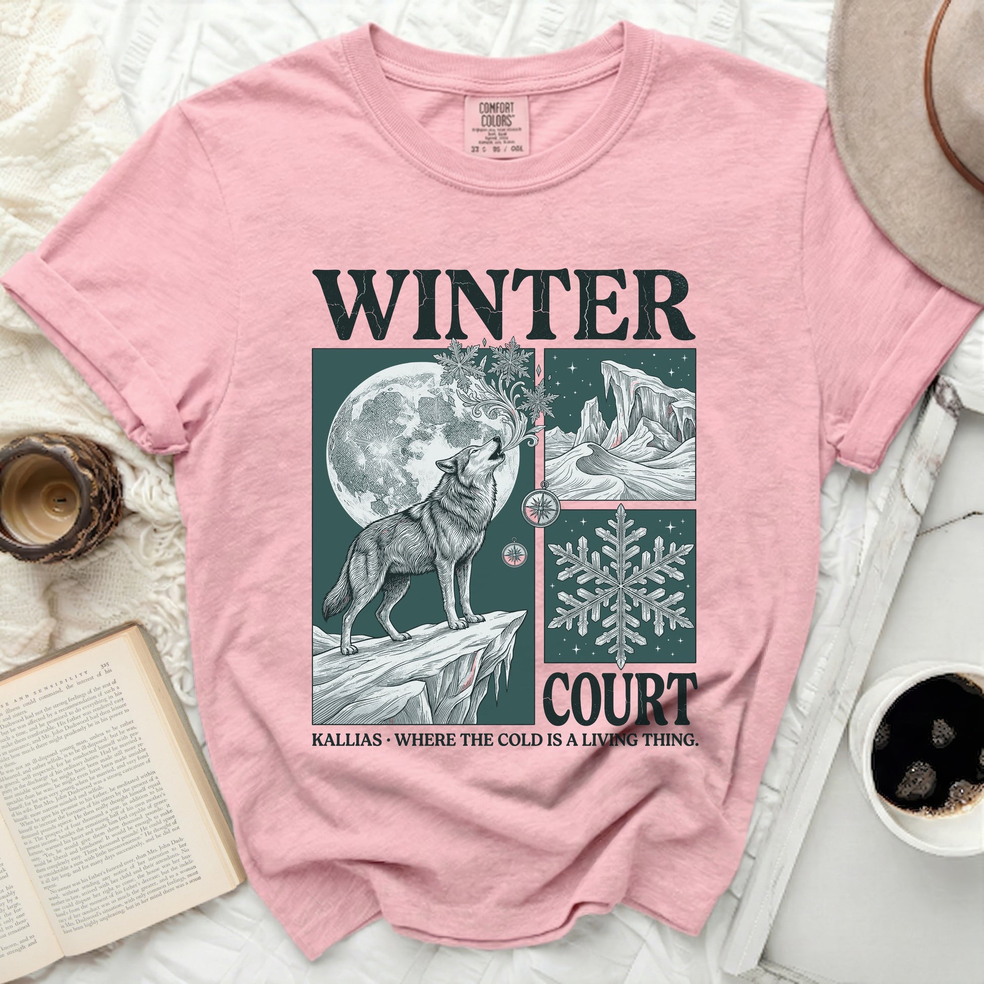 Pink t-shirt with "WINTER COURT KALLIAS - WHERE THE COLD IS A LIVING THING" text and wolf illustration.