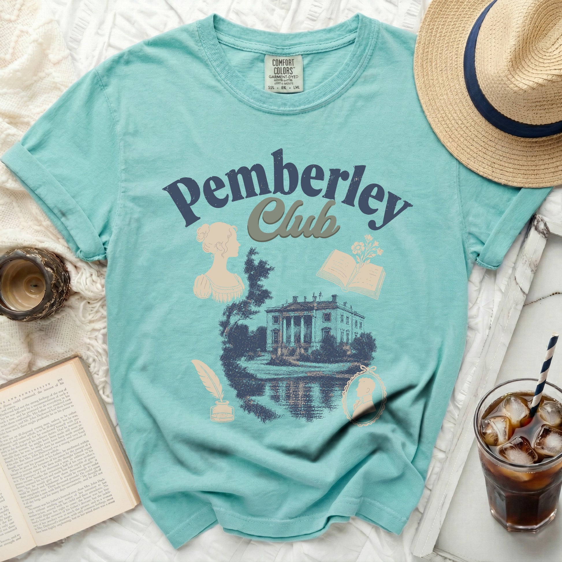 Aqua t-shirt with "Pemberley Club" text and vintage illustration.