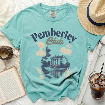 Aqua t-shirt with "Pemberley Club" text and vintage illustration.