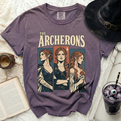 The Archerons graphic tee features three women with pointed ears and fiery hair.
