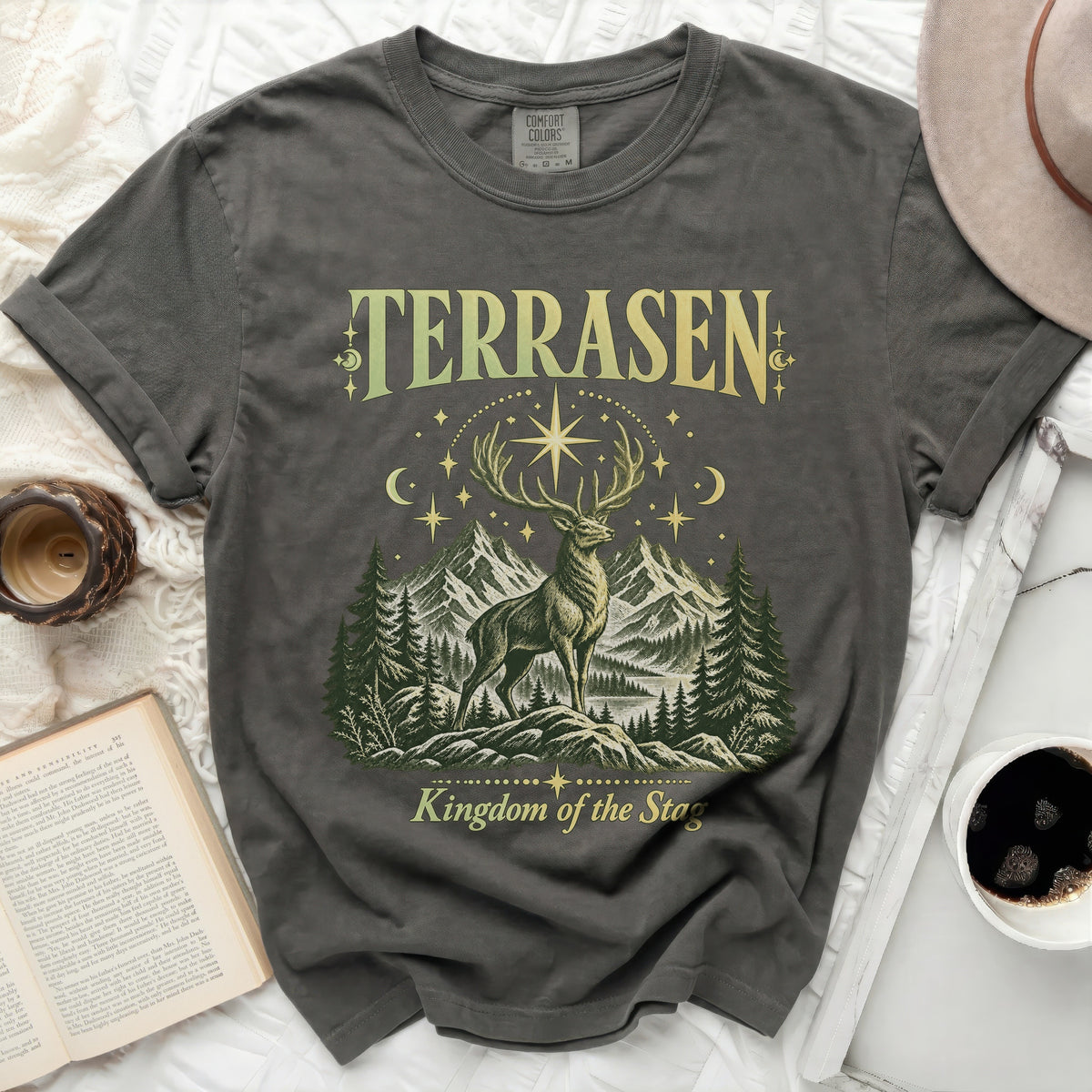 Terrasen Kingdom of the Stag graphic t-shirt with deer and mountains.