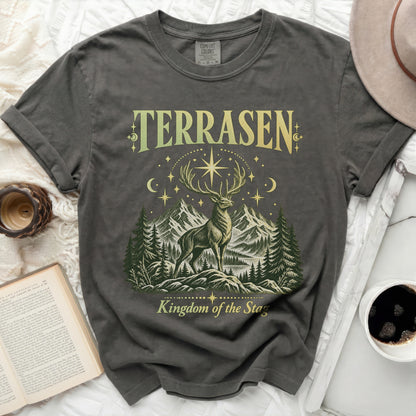 Terrasen Kingdom of the Stag graphic t-shirt with deer and mountains.