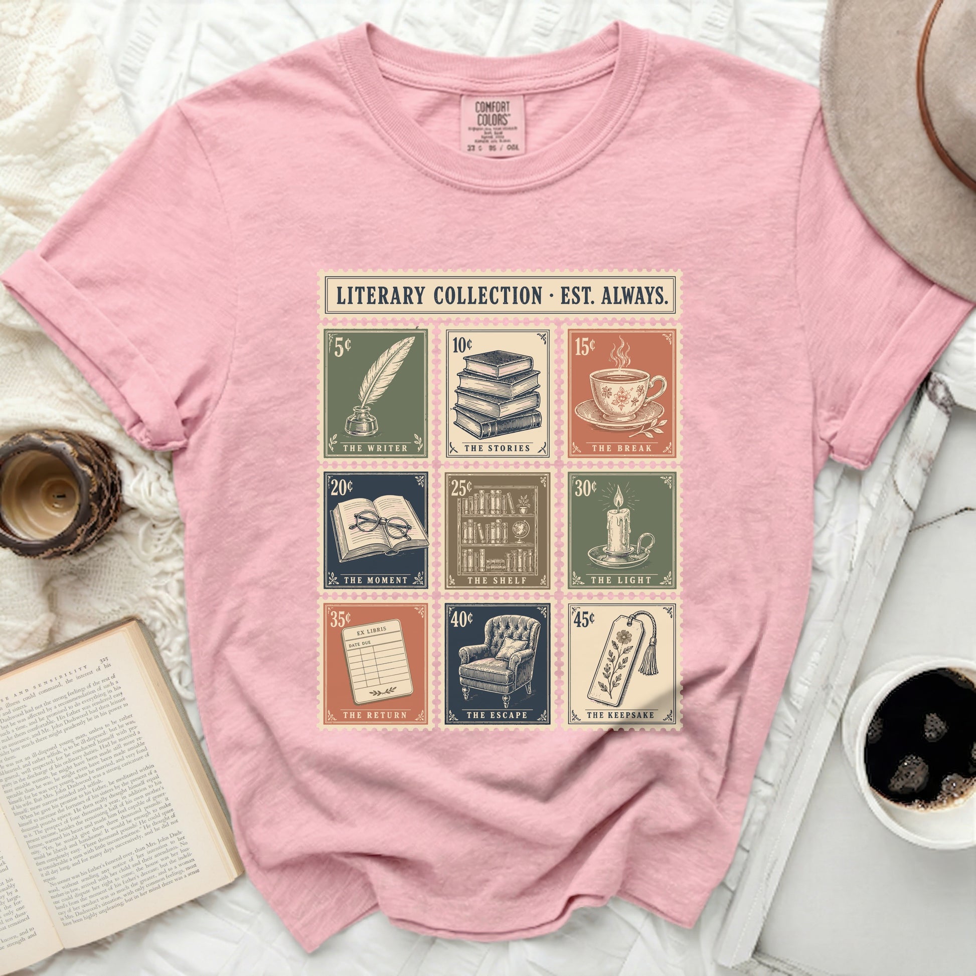 Pink t-shirt with "Literary Collection Est. Always." text and vintage stamp graphics.