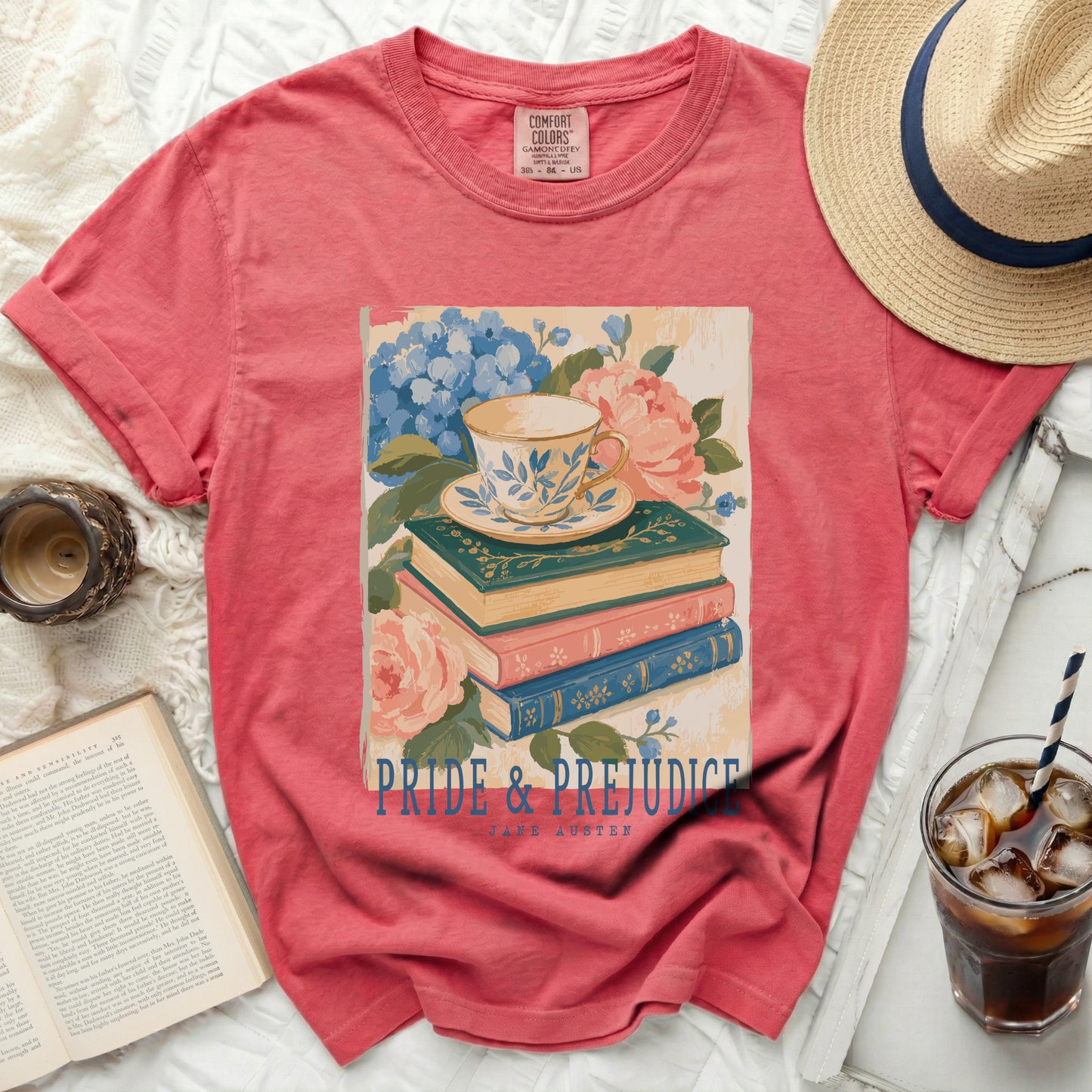 Coral t-shirt with "Pride & Prejudice Jane Austen" book graphic