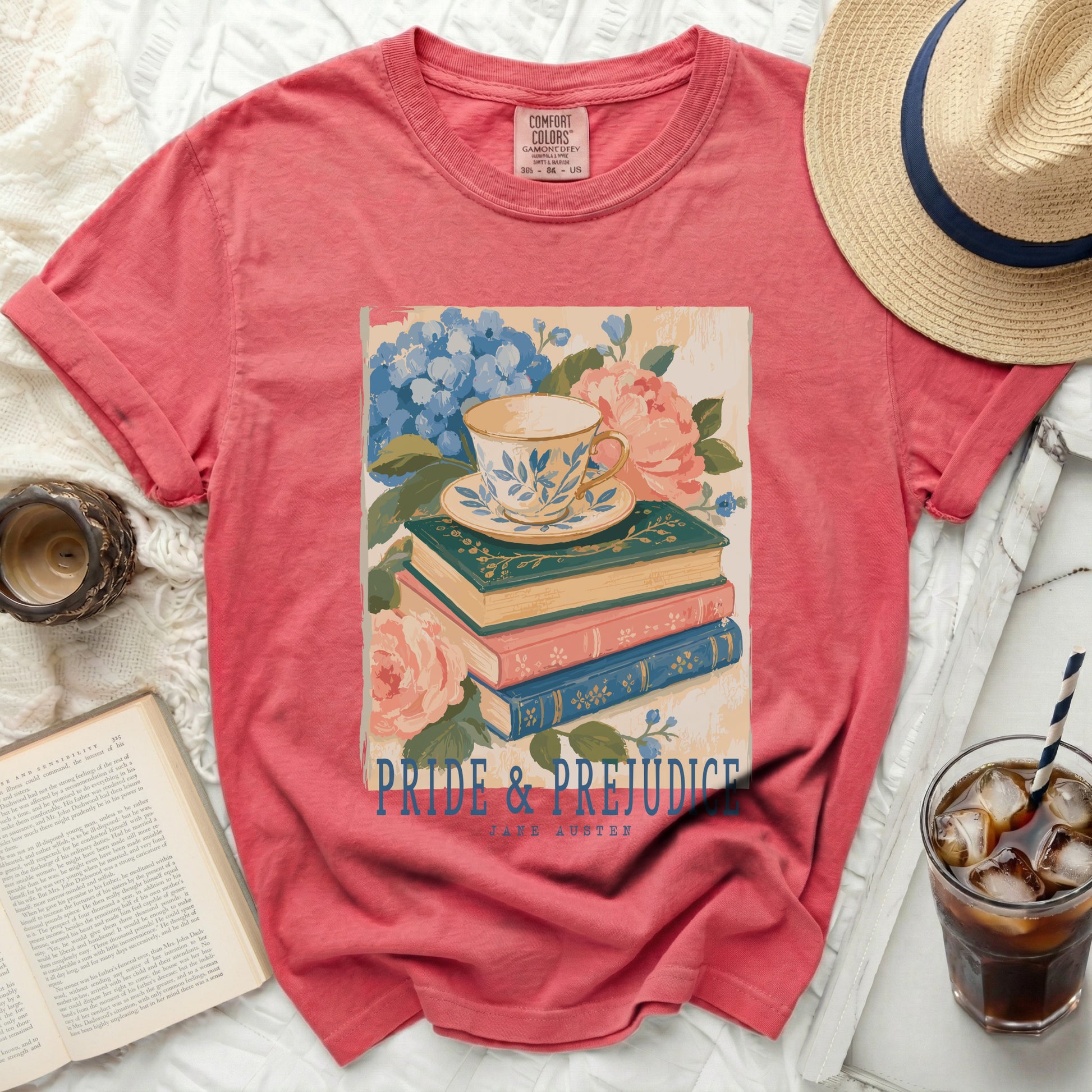Coral t-shirt with "Pride & Prejudice Jane Austen" book graphic