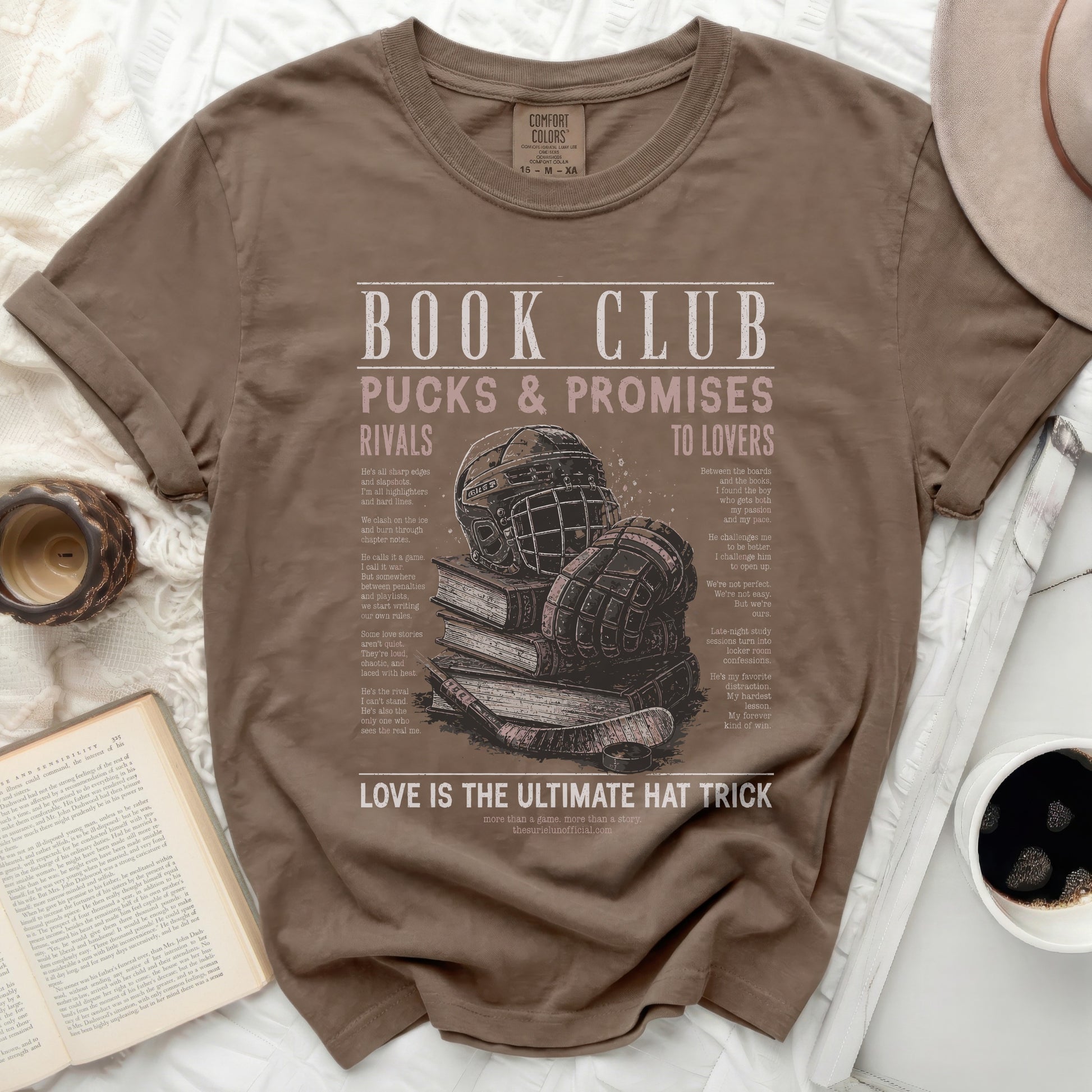 Book club Puck & Promises t-shirt with hockey gear and book text.